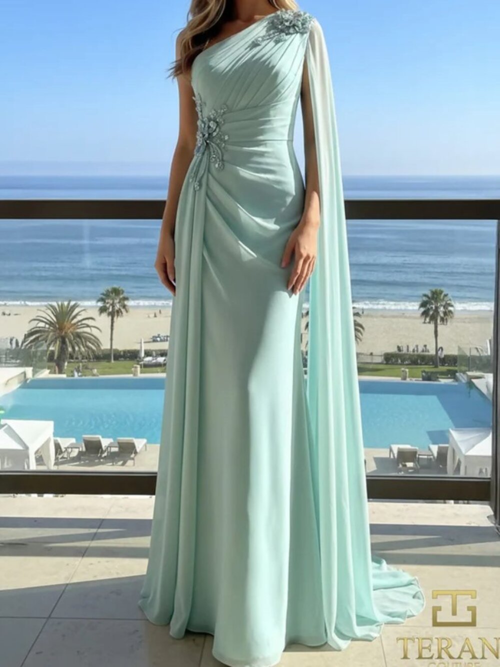 NWT Terani Couture 261E6205 Beaded Appliques Chiffon Cape Dress Aquanet size 6